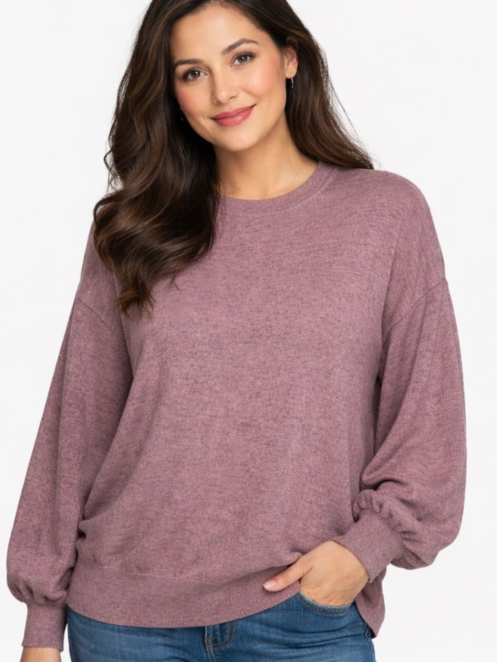 Ella‎ Moss Marled Knit Balloon Sleeve Crew Neck Sweater Womens Medium Rose Pink